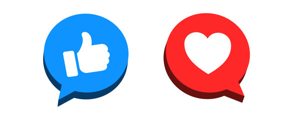 3d Like and love icon button. Thumbs up and heart flat icon in modern 3d speech bubble shapes , Social media notification icons. emoji post reactions set. Vector illustration