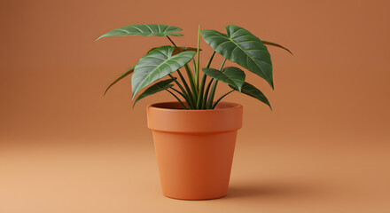 Solid orange clay pot sits on matching orange background. Modern plant care, home d&eacute;cor, interior garden styling, eco living, product promotions.