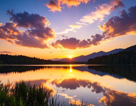 Serene lake sunset reflection