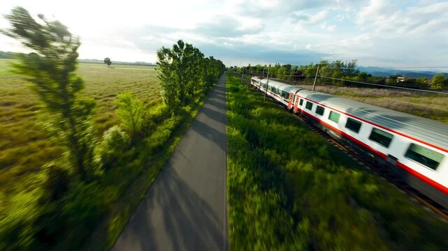 White And Red Train Moving Fast In The Nature 