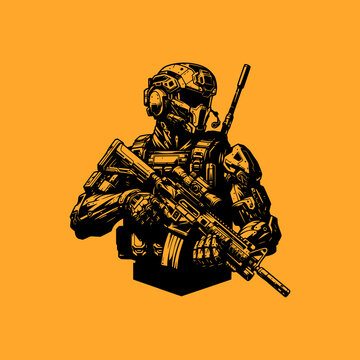 Futuristic Soldier Vector Illustration in Black on Orange Background with Tactical Armor and Rifle in Sci Fi Combat Style
