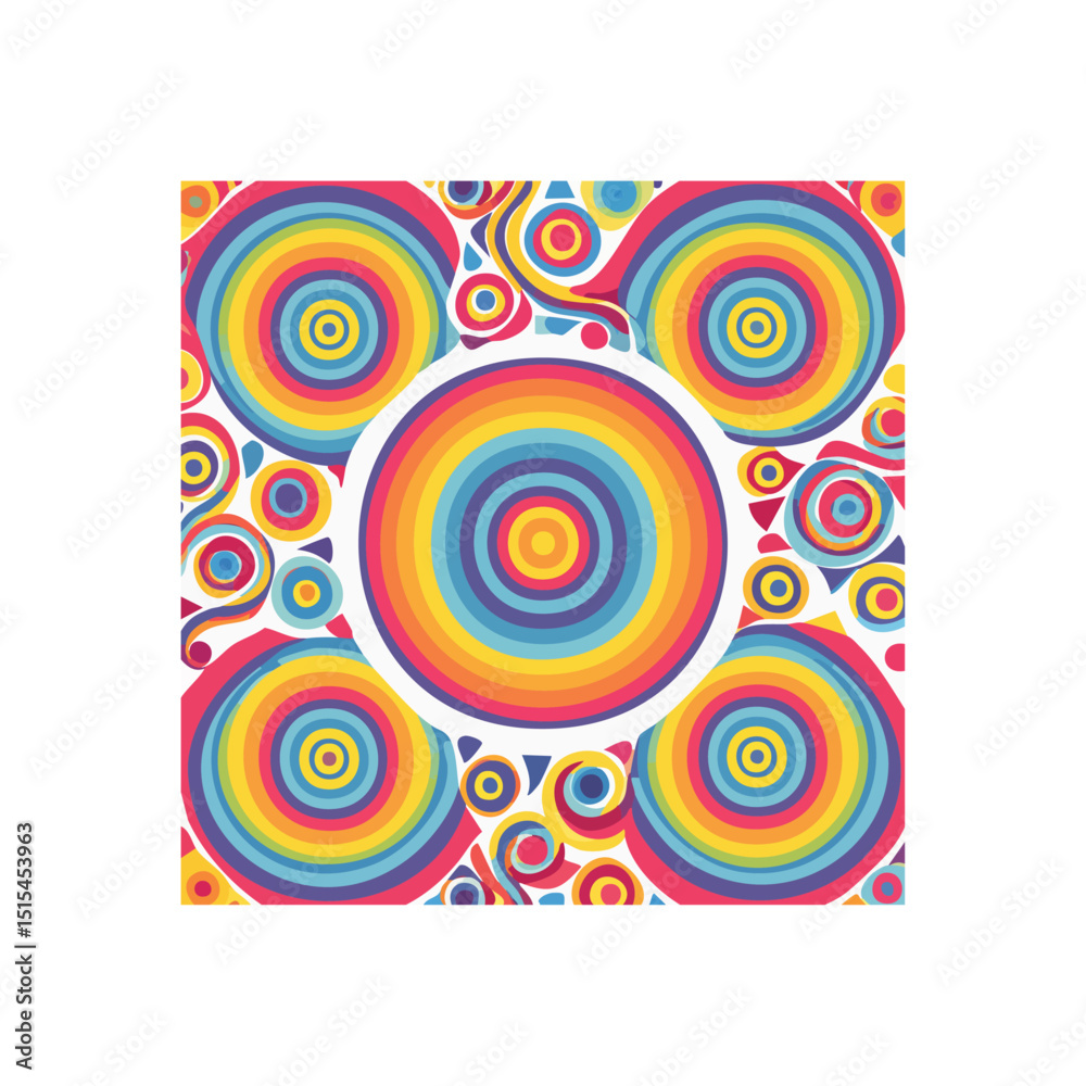 Poster psychedelic circles pattern with retro style and vibrant color palette