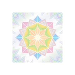 Pastel watercolor mandala illustration with symmetrical floral design elements
