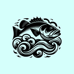 Tribal Fish Vector Illustration in Black on Light Blue Background with Bold Lines and Stylized Water Waves in Tattoo Style