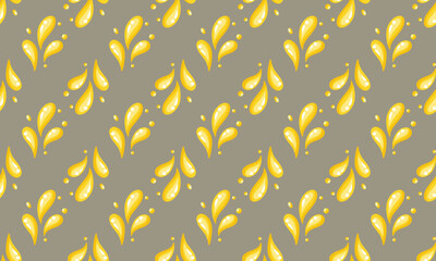 Seamless pattern with shiny yellow juice splashes on soft grey background. Cartoon vector background
