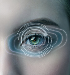 Visual representation of digital eye enhancement with swirling light patterns and a close-up of an...