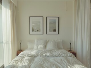 A white bed with two framed pictures on the wall. The bed is unmade. There are two pillows on the bed