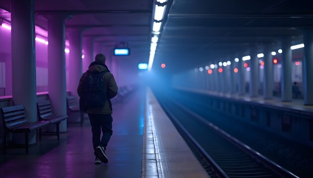 A person with a backpack walks alone on a dark empty train platform