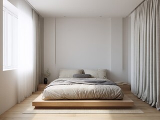 A white bedroom with a wooden bed and a white curtain. The curtain is open and the room is very clean