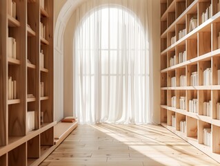 Fototapeta premium A long room with a lot of bookshelves. The room is very bright and has a lot of natural light
