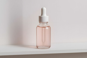 Glass Serum Bottle on Shelf with Pink Liquid