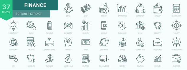 Business and finance line icon set with money signs, payment, Wallet, Coins, Moneybag, investment, payment, investment, deposit, piggy bank, calculator, savings. Outline thin icons. Editable stroke