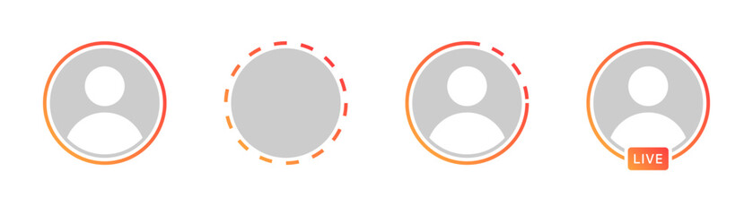 Fototapeta na wymiar story icon set. stories with user profile avatar icon button. live video streaming frame, live stream icon set. social media interface app icon - live broadcast gradient circle frame