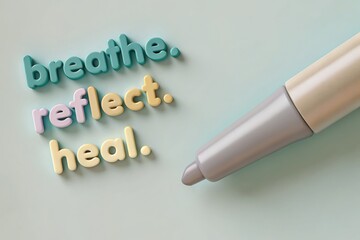Mindfulness for Mental Health Concept: Overcoming Burnout Inspirational words "breathe," "reflect," and "heal" beside a gray marker on a pastel background.