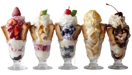 Icecream parfait png isolated in many flavors transparent using for summer time dessert presentation.