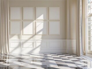 A room with white walls and a checkered floor. There are no people or furniture in the room