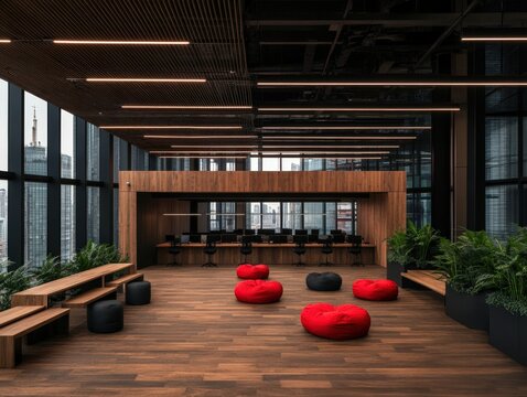 Modern office lounge with beanbags, wooden accents, greenery, and cityscape views through large glass windows.