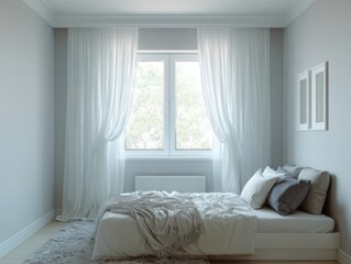 Fototapeta premium A bedroom with a white bed and white curtains. The curtains are open and the sun is shining through the window