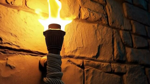 Vintage torch illuminating stone wall in warm orange glow  