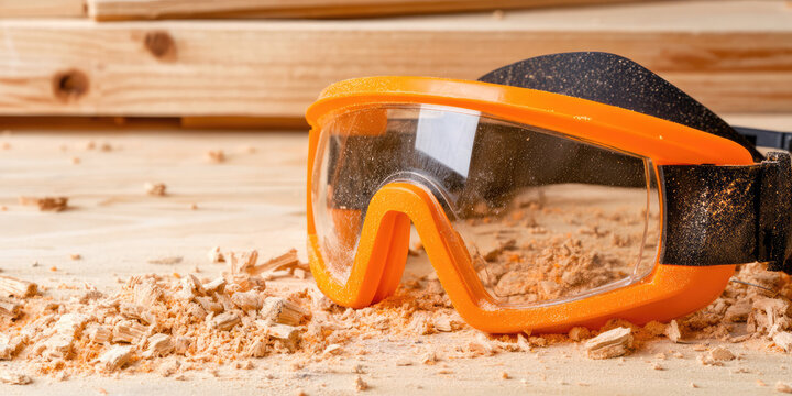Safety goggles with orange frames rest on a wood surface covered with sawdust. Concept: Carpenter tool safety
