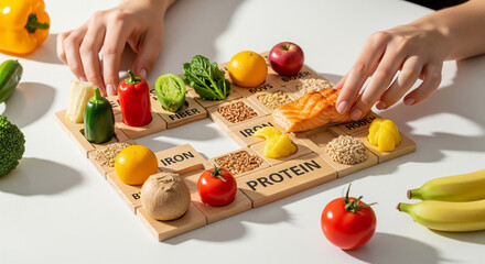 Hands interacting with a wooden puzzle board, categorizing food items by nutritional content such as fiber, iron, and protein