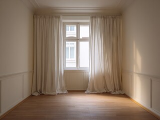 Obraz premium A room with a window and white curtains. The curtains are open and the room is empty