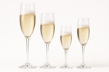 Four champagne glasses of different sizes standing on white background
