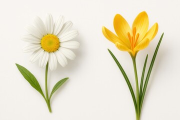 Daisy and crocus blooming on white background