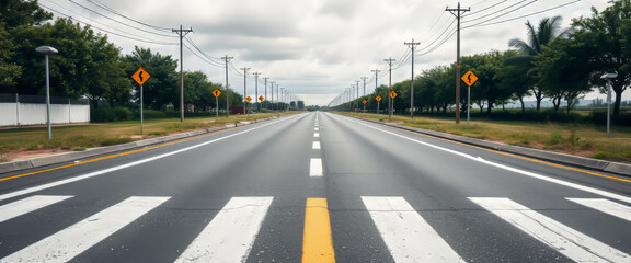 Wide, empty road lined with trees and street signs