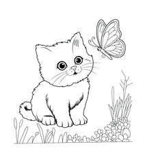 Charming Kitten and Butterfly outline Illustration coloring Page for Kids