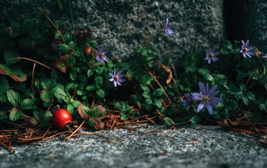 A vibrant red berry nestled amongst lush green foliage and delicate purple wildflowers at the base of a stone wall, bathed in soft light
