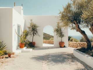 Fototapeta premium A white house with a white archway and a white wall. There are two trees in front of the house