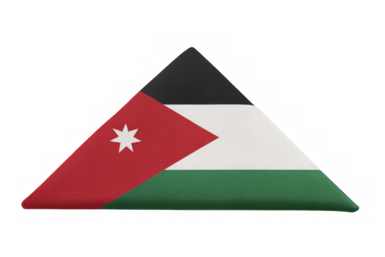 Realistic jordanian flag folded as a triangle, featuring its distinctive colors and seven-pointed star, presented on a transparent background