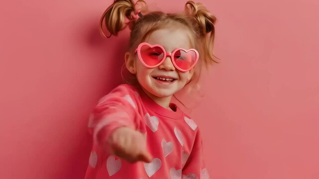 Joyful caucasian girl with pigtails and heart sunglasses on a pink background, wearing a cute sweater with heart pattern for Valentine's day