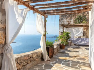 Fototapeta premium A balcony with a view of the ocean and a white curtain. There is a potted plant on the balcony