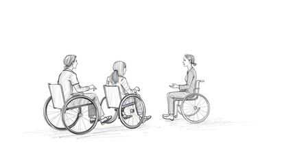 Obraz premium Line drawing of three individuals conversing while sitting in wheelchairs