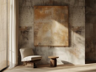 A white chair is in front of a large picture frame. The chair is placed in front of a window