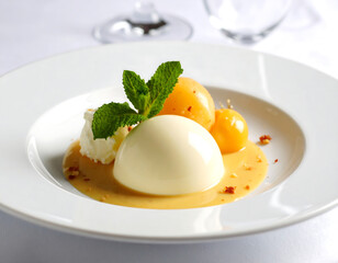 Elegant Creamy Dome Dessert with Exotic Fruit and Caramel Sauce A Culinary Delight