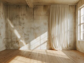 A room with a white curtain and a window. The curtain is open and the room is empty