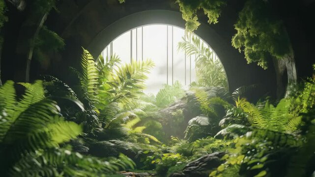 Lush green ferns and tropical plants thrive within a circular ark structure in a futuristic, apocalyptic, and biodome world for a survival concept 