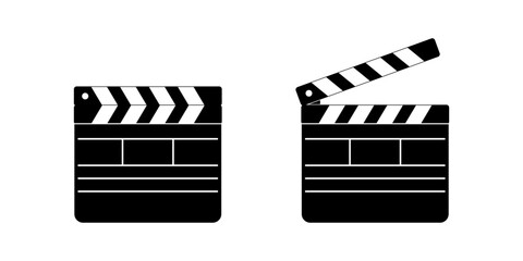 Closed and open movie clapboard silhouettes. Clapper boards isolated on white background. Camera and action concept. Video production tools for use in filming area. Vector graphic illustration.