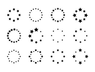 Set of round frames with stars isolated on white background. Prize, success or award circle shaped banner. Starry ring emblem or stamp print with empty space inside. Vector graphic illustration.