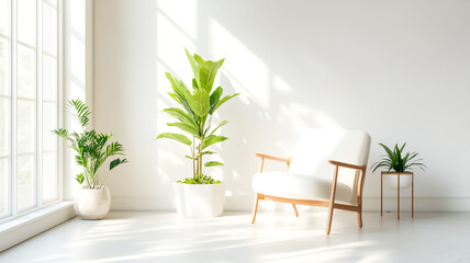 Bright Sunlight Illuminates a Minimalist White Room