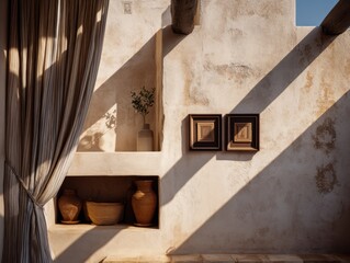 A white wall with a window and a curtain. A vase is on the shelf. A picture is on the wall