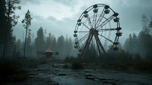 Large broken ferris wheel in the forest, standing next to a small carousel in a foggy, deserted amusement park, representing an apocalyptic and abandoned world.