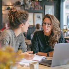 Two women engaging in a serious discussion over a laptop at a cafe. They appear focused and engaged in conversation. The atmosphere is relaxed yet professional.
