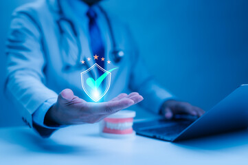 Healthcare Professionals Hand Presents Glowing Blue Digital Quality Shield, Ensuring Trusted Dental Checkup And Oral Health Via Laptop