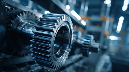 Industrial Metal Gears Closeup Detailed Mechanical Engineering Precision Machined Parts Manufacturing Technology Steel Cogwheels Factory Equipment Heavy Industry work blue dark    