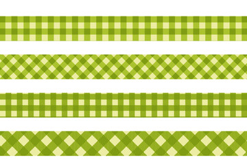 Tapes with green gingham pattern. Borders with checkered spring or summer print. Ribbons for gifts or headbands. Cotton, linen or flannel bands isolated on white background. Vector flat illustration.