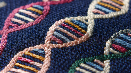 Close-Up of Colorful Embroidered DNA Helix Pattern on Dark Blue Fabric